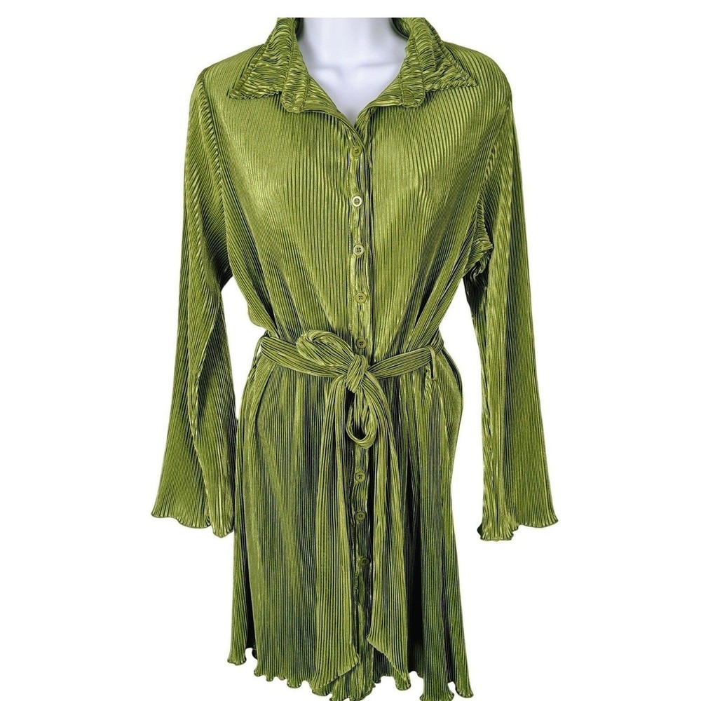 Womens S Lyaner‎ Plisse Button Down Mini Dress Green Pleated Retro Y2K Party
